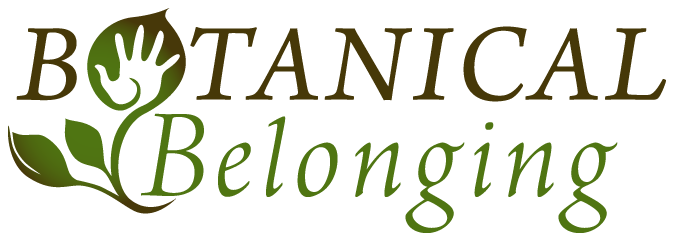 Logo for Botanical Belonging native plant education non-profit in Kansas. The "O" of Botanical is a leaf with a handprint.